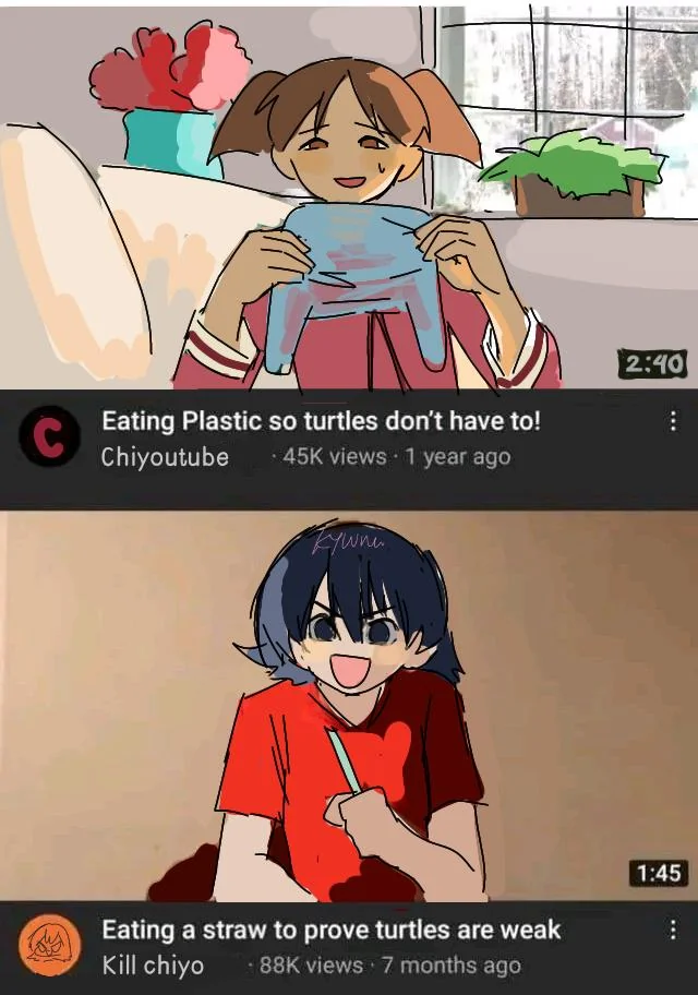 a meme of two YouTube thumbnails about eating plastic so turtles do not have to